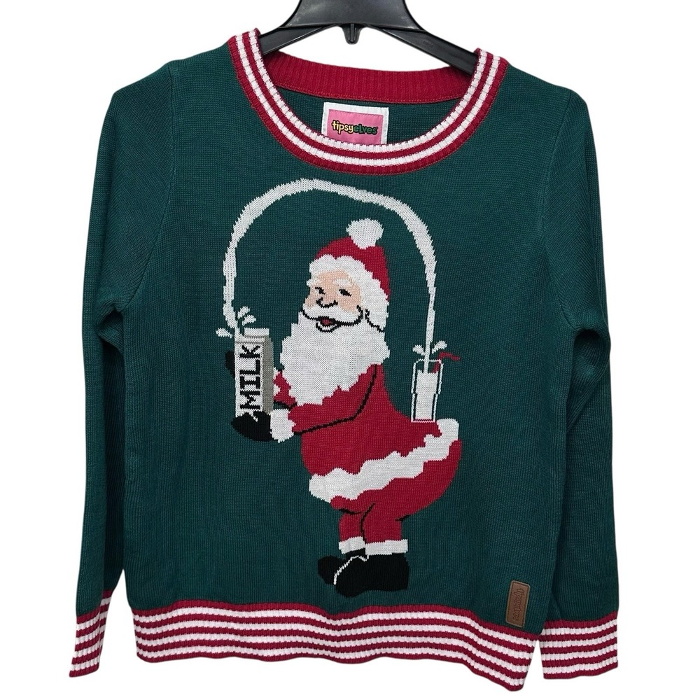 Tipsy Elves Break The Internet Sweater L Green Ugly Sweater Santa‎ Pouring Milk